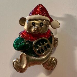 Gold Tone Green And Red Enamel Festive Christmas Bear Brooch Pin